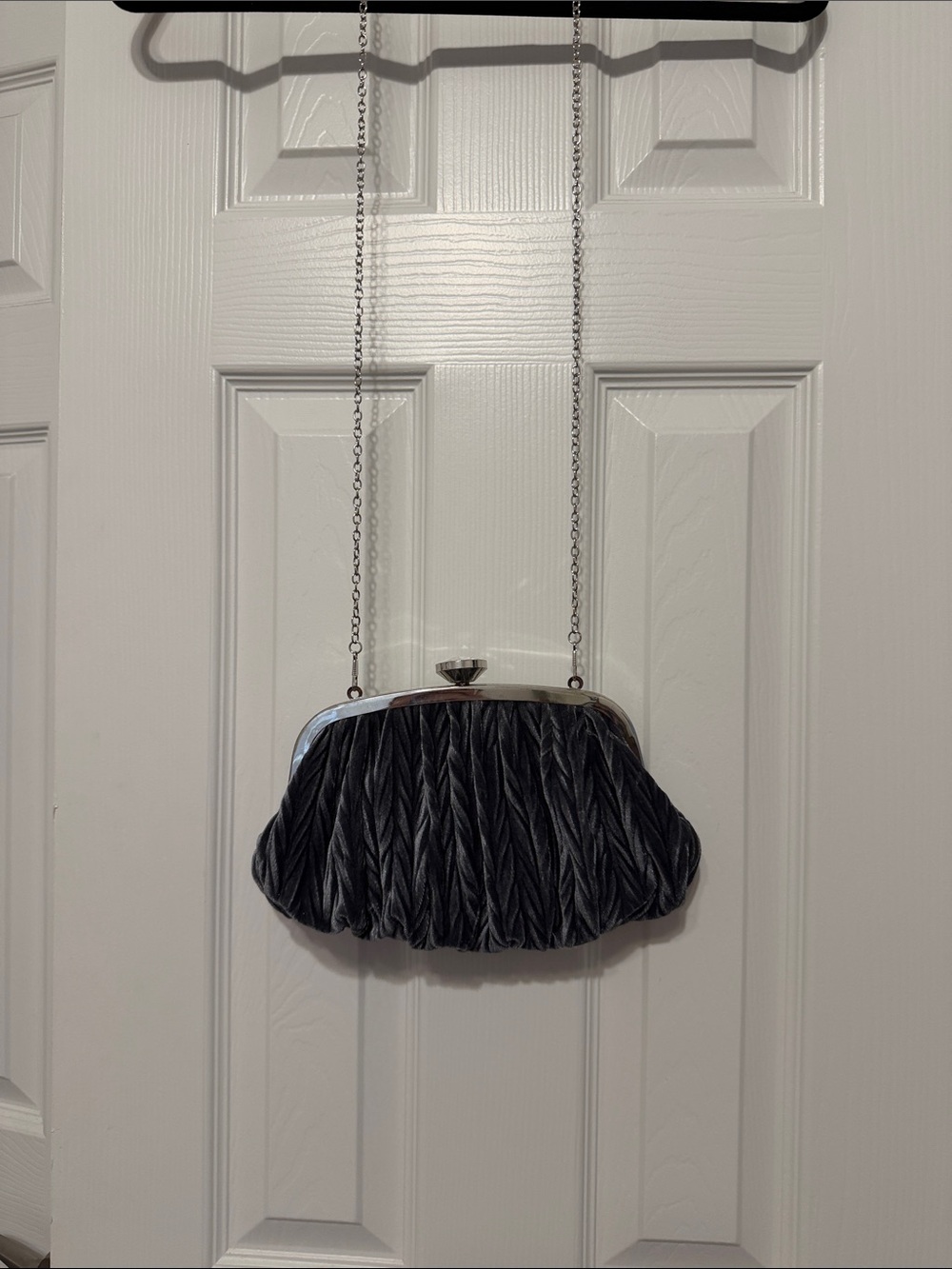 Nina Charcoal Velvet Ruched Evening Clutch with Silver Chain